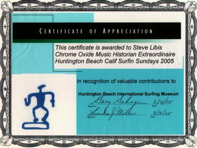 Huntington Beach International Surf Museum - certificate of appreciation 2005